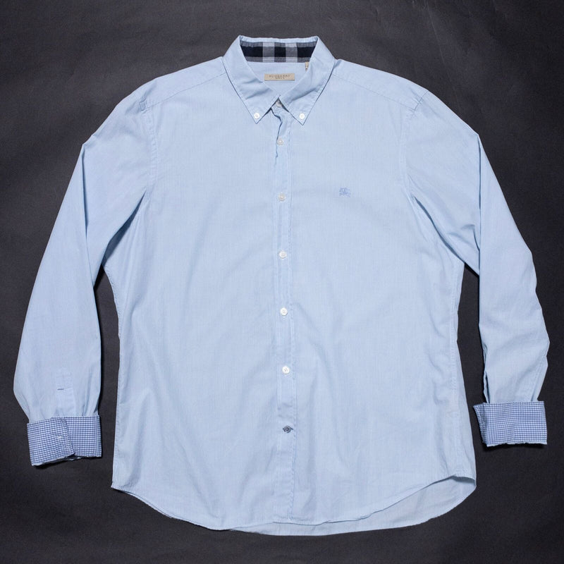 Burberry Flip Cuff Shirt Men's XL Blue Striped Button-Down Houndstooth Logo