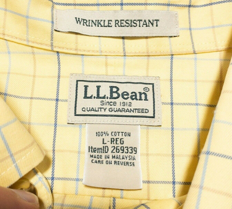 L.L. Bean Shirt Men's Large Wrinkle-Free Twill Sport Yellow Plaid Short Sleeve