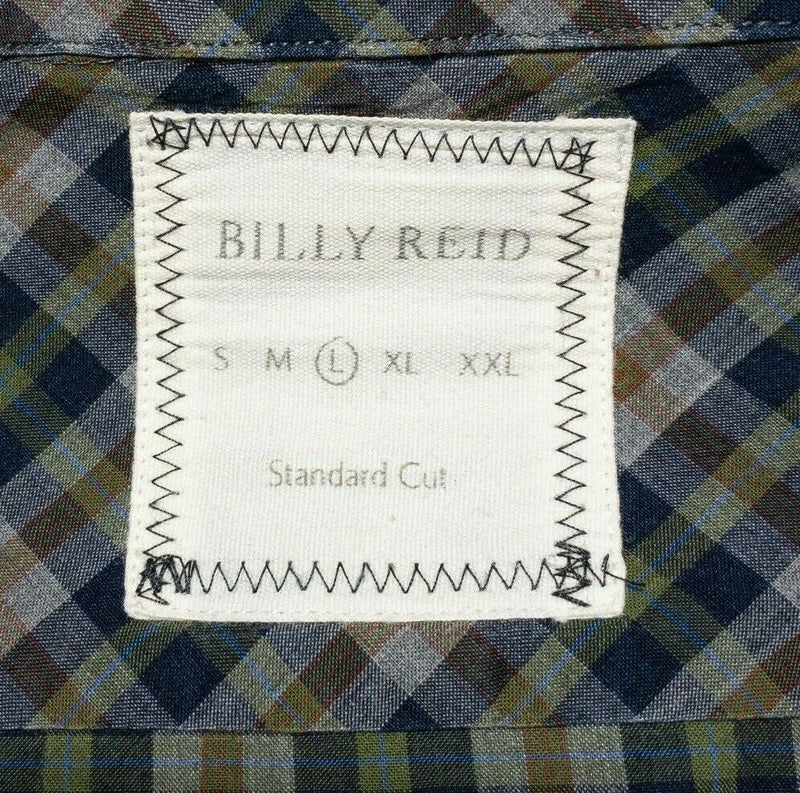Billy Reid Large Standard Shirt Green Blue Check Long Sleeve Button-Front Men's