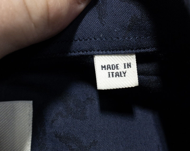 Billy Reid Shirt Men's 17.5 (XL) Bird Pattern Navy Blue Button-Down Italy