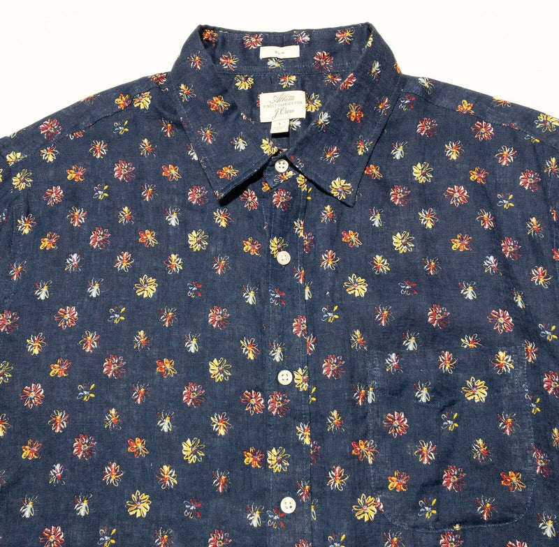 J. Crew Albini Linen Floral Shirt Men's Large Button-Up Navy Blue Short Sleeve