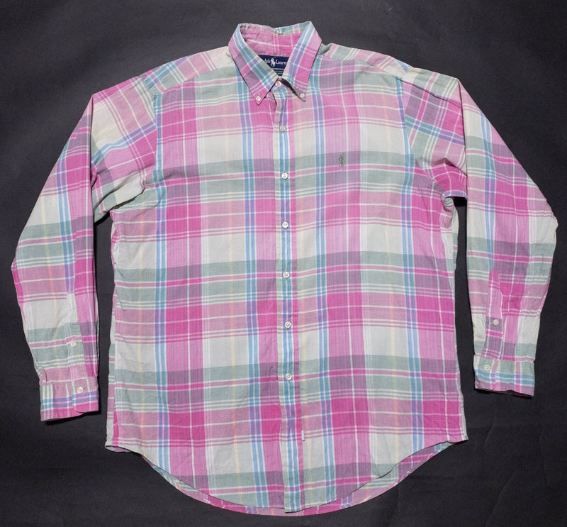 Polo Ralph Lauren Madras Shirt Men's Large Button-Down Pink Plaid Long Sleeve