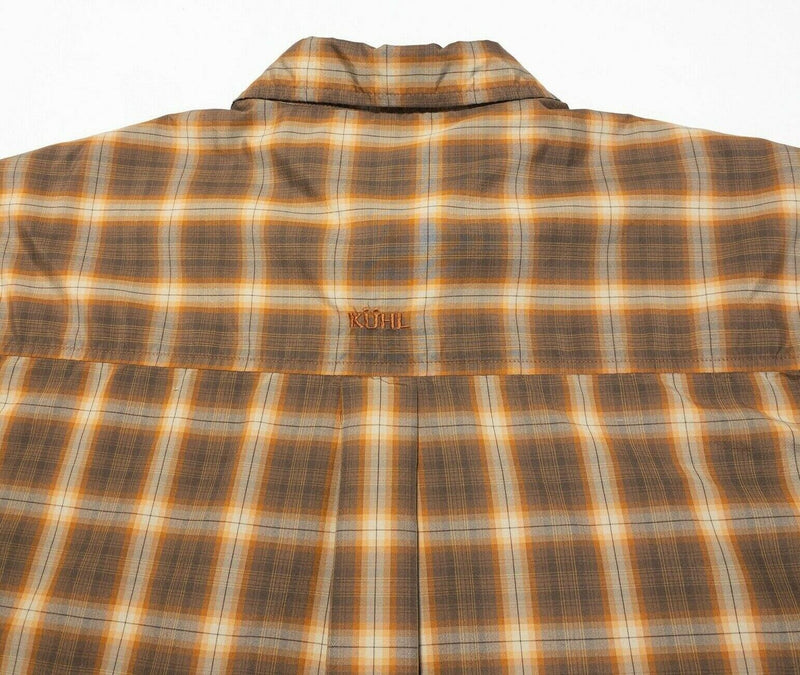 Kuhl Pearl Snap Shirt XL Men's Brown Orange Plaid Ionik Eluxur Wicking Stretch