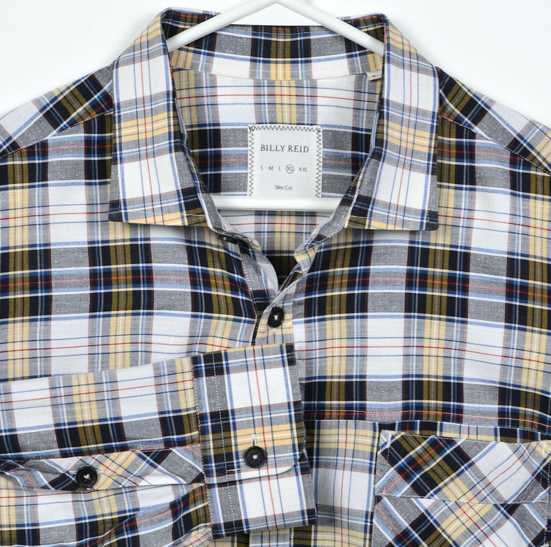 Billy Reid Men's XL Slim Cut Black Yellow Plaid Cotton Rayon Blend Italy Shirt