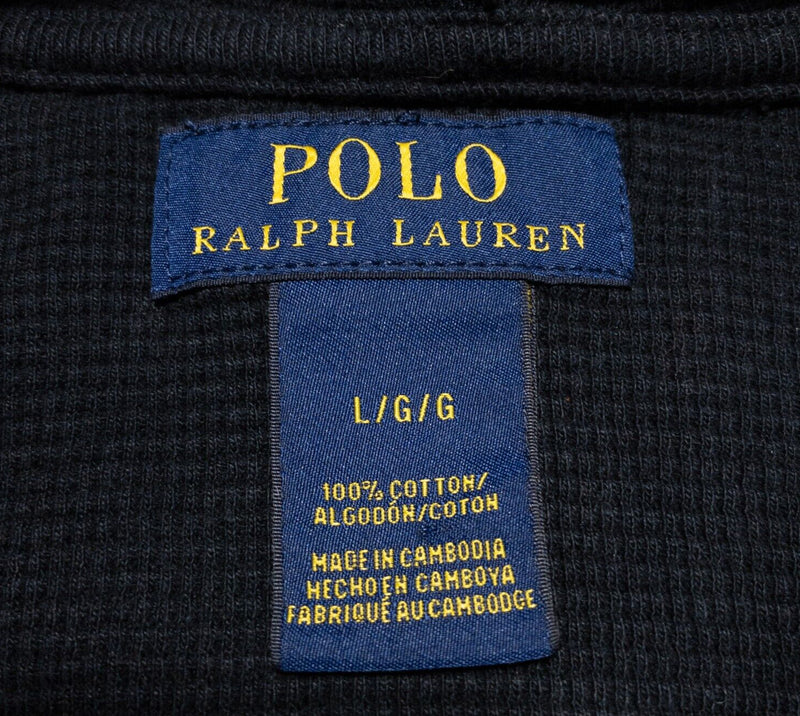 Polo Ralph Lauren Waffle Knit Hoodie Men's Large Pullover Black Lightweight