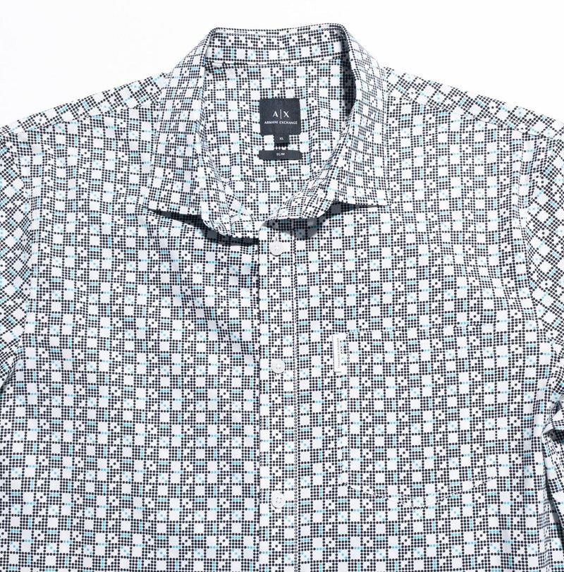 Armani Exchange Shirt Men's XL Slim Button-Up White Blue Geometric Polka Dot