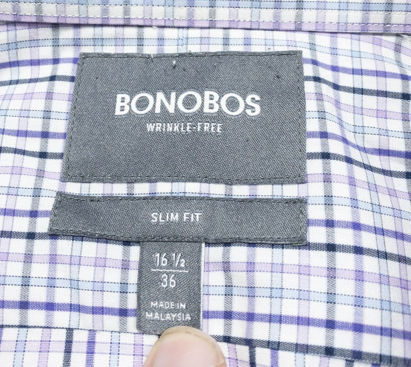 Bonobos Dress Shirt Men's 16.5-36 Slim Fit Wrinkle Free Purple Check Button-Up