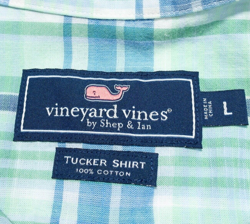 Vineyard Vines Large Mens Tucker Shirt Long Sleeve Green Blue Plaid Preppy Whale