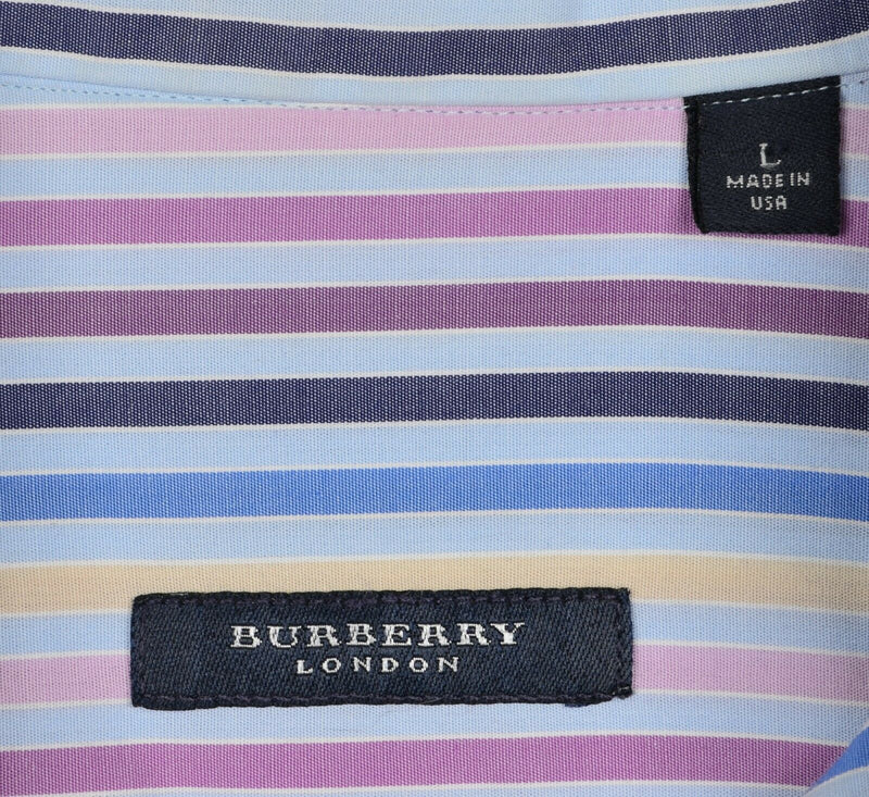 Vtg Burberry London Men's Sz Large Multicolor Blue Pink Striped USA Shirt