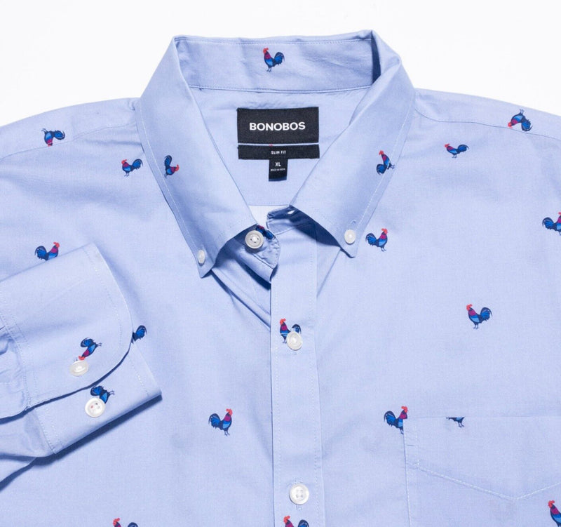Bonobos Shirt Men's XL Slim Rooster Pattern Button-Down Blue Long Sleeve Animal