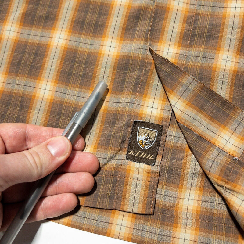 Kuhl Pearl Snap Shirt XL Men's Brown Orange Plaid Ionik Eluxur Wicking Stretch
