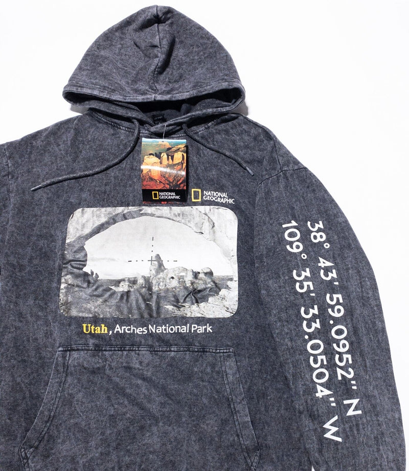 National Geographic Hoodie Mens Small Utah Arches Park Sweatshirt Gray Acid Wash