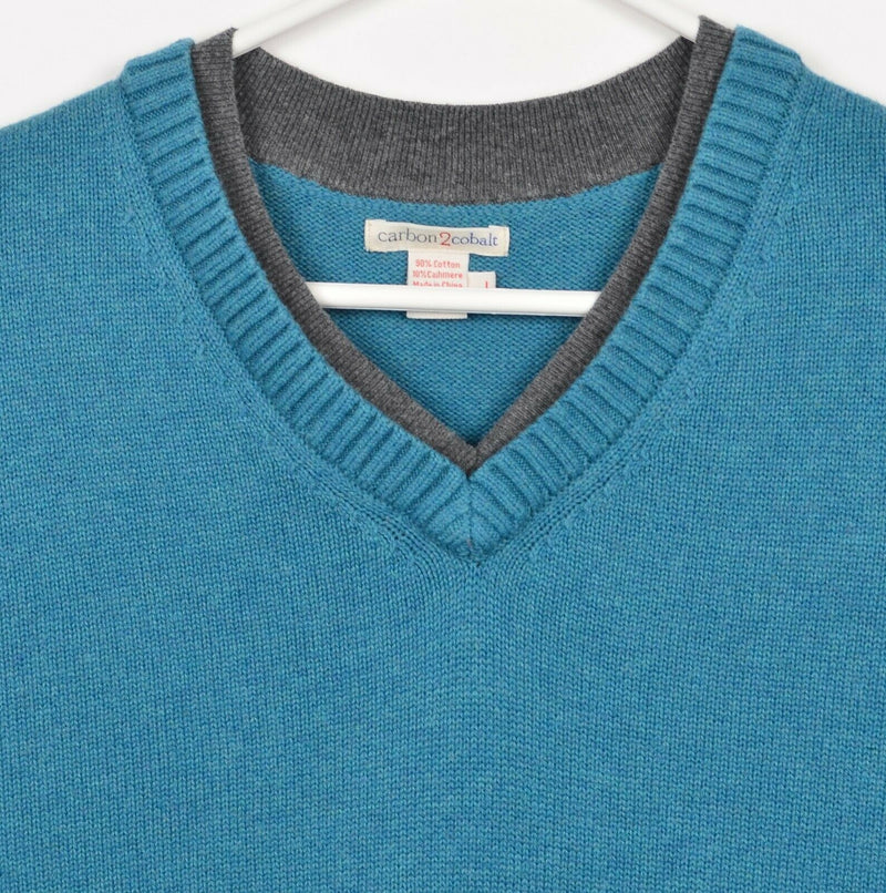 Carbon 2 Cobalt Men's Large Teal Cotton Cashmere Blend V-Neck Pullover Sweater