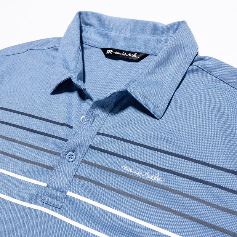 Travis Mathew Polo Shirt Mens Medium Golf Blue Striped Wicking Stretch Polyester