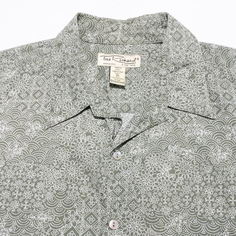 Tori Richard Hawaiian Shirt Men's XL Cotton Lawn Green Geometric Print Aloha