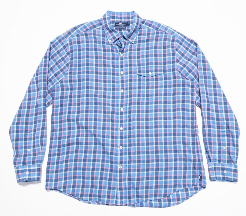 Vineyard Vines Slim Fit Crosby Shirt XL Men's Cotton Linen Blend Blue Pink Plaid