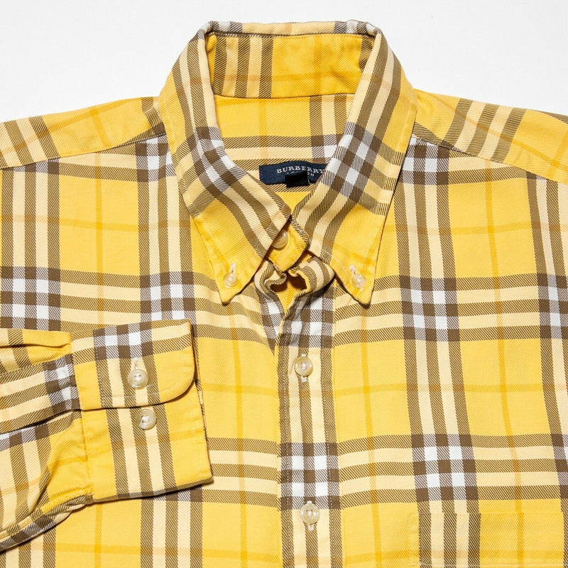 Burberry Men's Shirt Medium Nova Check Plaid Vintage 90s Yellow Button-Down