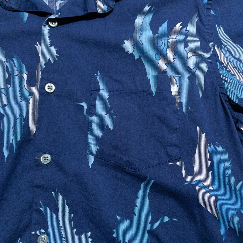 Tori Richard Hawaiian Shirt Men's Small Shadow Crane Navy Blue Cotton Blend