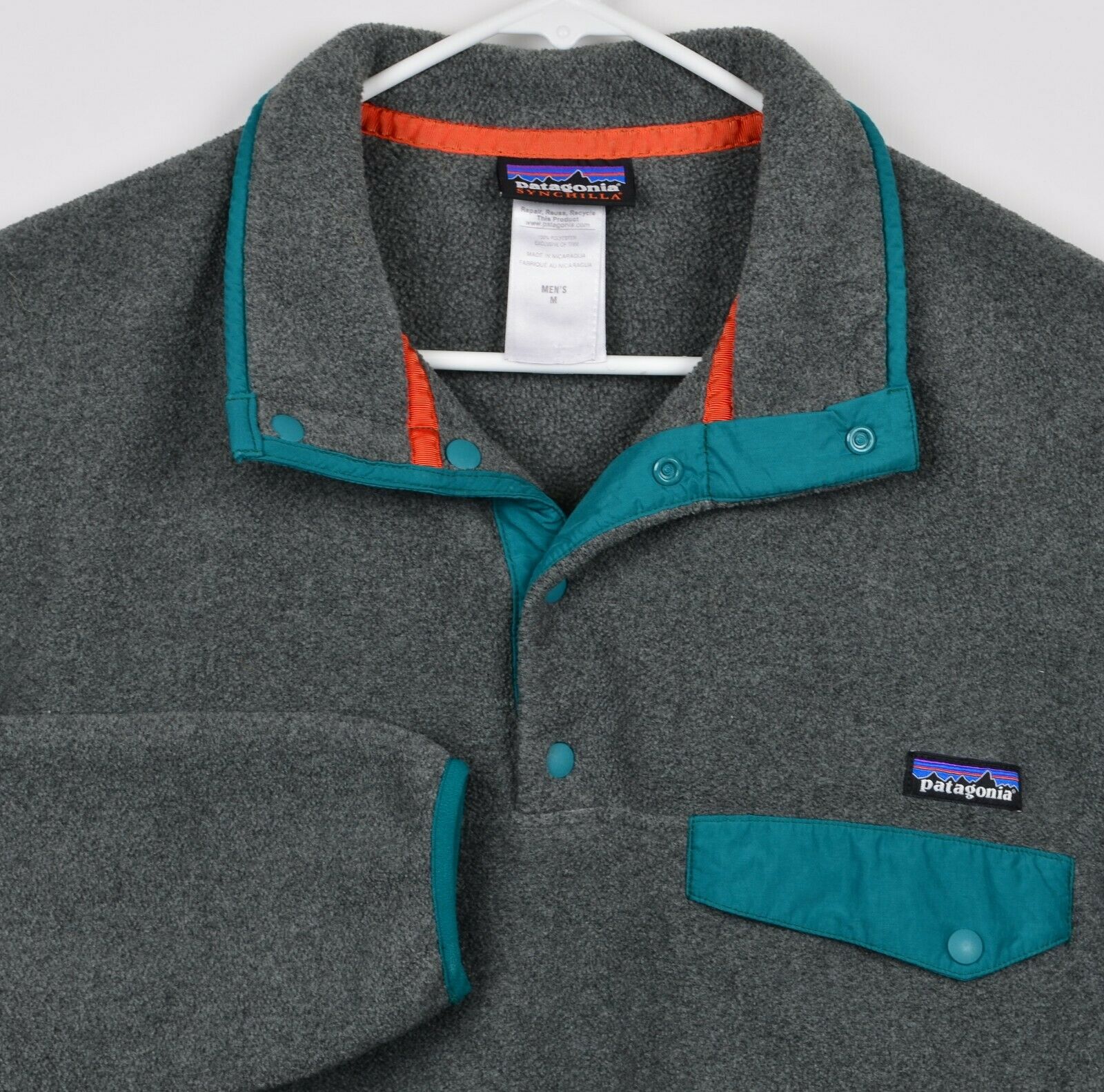 Patagonia Synchilla Men's Medium Snap-T Nickel Teal Gray Fleece Jacket