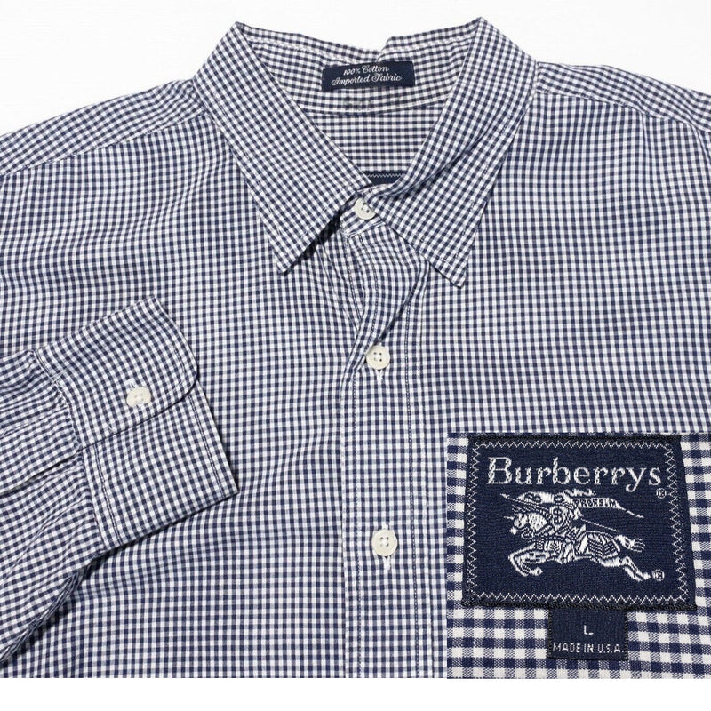 Vintage Burberry Check Shirt Men's Large 80s Blue White Long Sleeve Made in USA