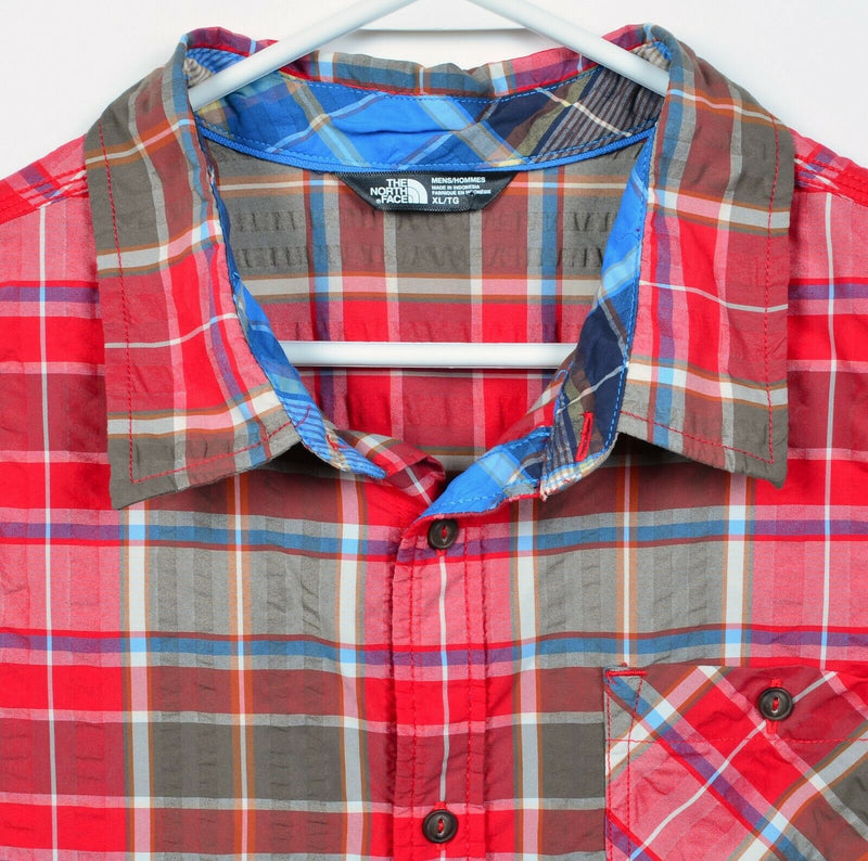 The North Face Men's XL Seersucker Red Plaid Hiking Outdoor Button-Front Shirt