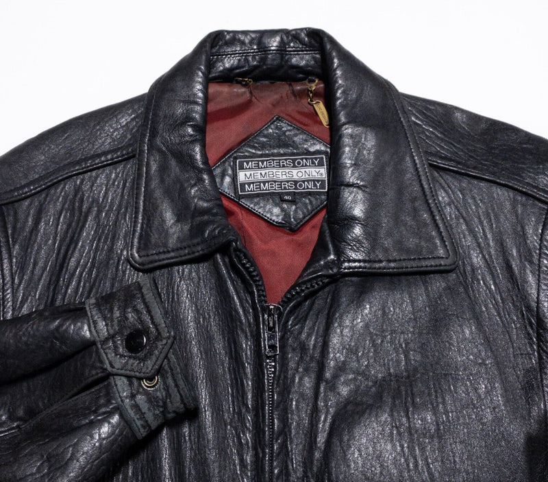 Members Only Leather Jacket Men's 40 Vintage 80s Lined Black Collared Bomber