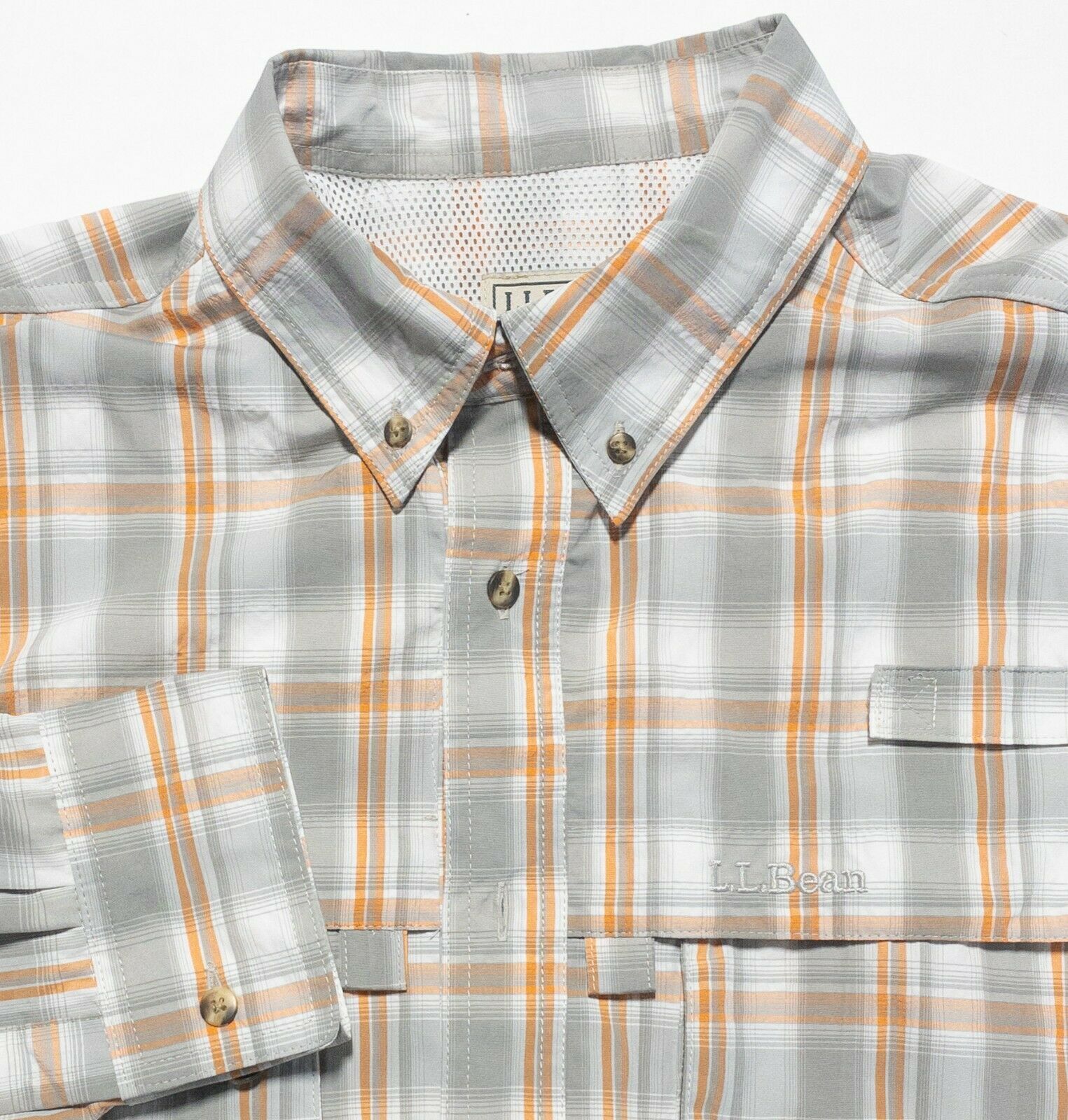 L.L. Bean Men's Large Vented Fishing Gray Orange Plaid Outdoor Nylon S