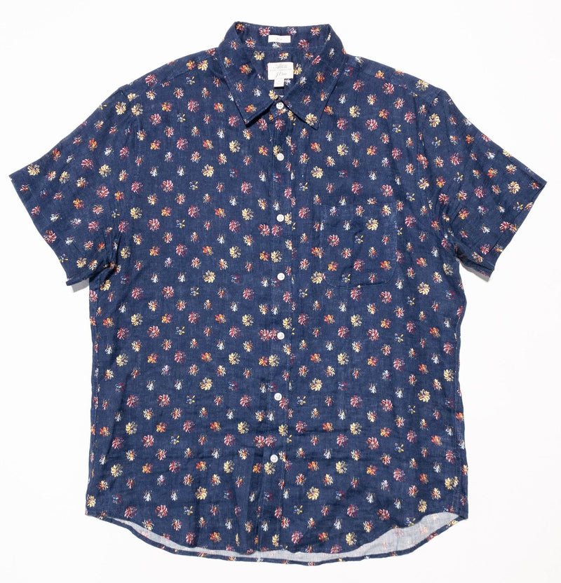J. Crew Albini Linen Floral Shirt Men's Large Button-Up Navy Blue Short Sleeve