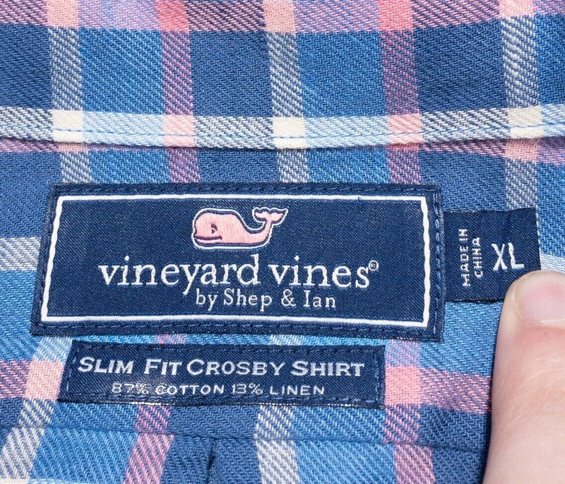 Vineyard Vines Slim Fit Crosby Shirt XL Men's Cotton Linen Blend Blue Pink Plaid