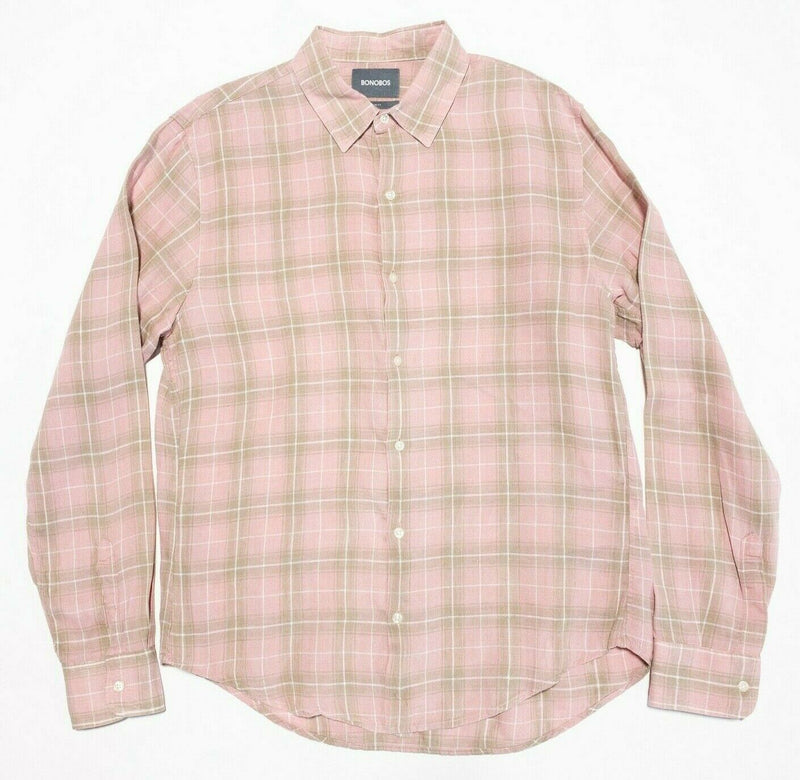 Bonobos Linen Men's Large Slim Fit Pink Plaid Long Sleeve Button-Front Shirt