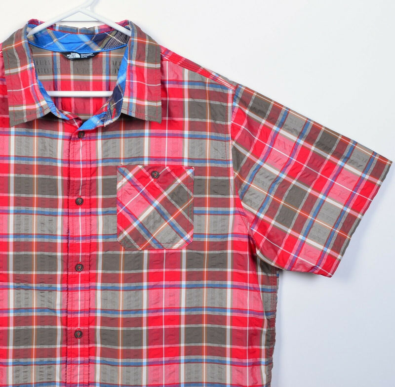 The North Face Men's XL Seersucker Red Plaid Hiking Outdoor Button-Front Shirt