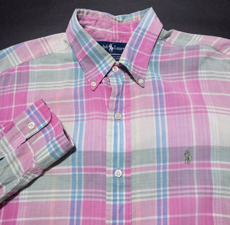 Polo Ralph Lauren Madras Shirt Men's Large Button-Down Pink Plaid Long Sleeve