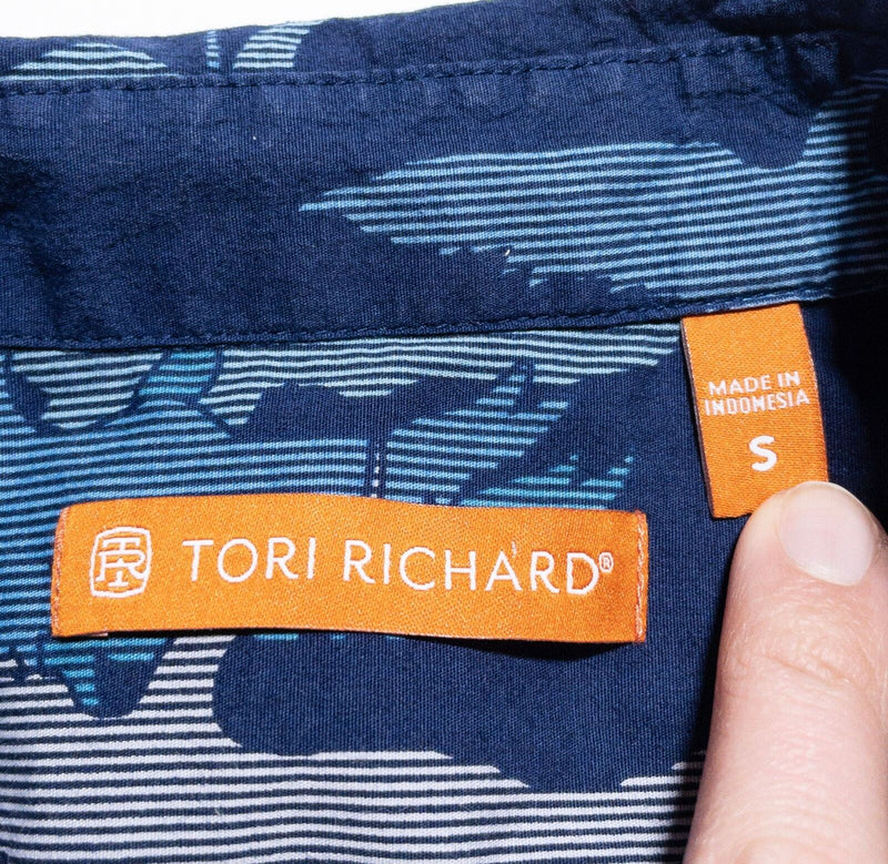 Tori Richard Hawaiian Shirt Men's Small Shadow Crane Navy Blue Cotton Blend