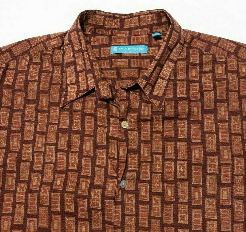 Tori Richard Hawaiian Shirt XL Men's Cotton Lawn Brown Red Geometric Aloha Camp