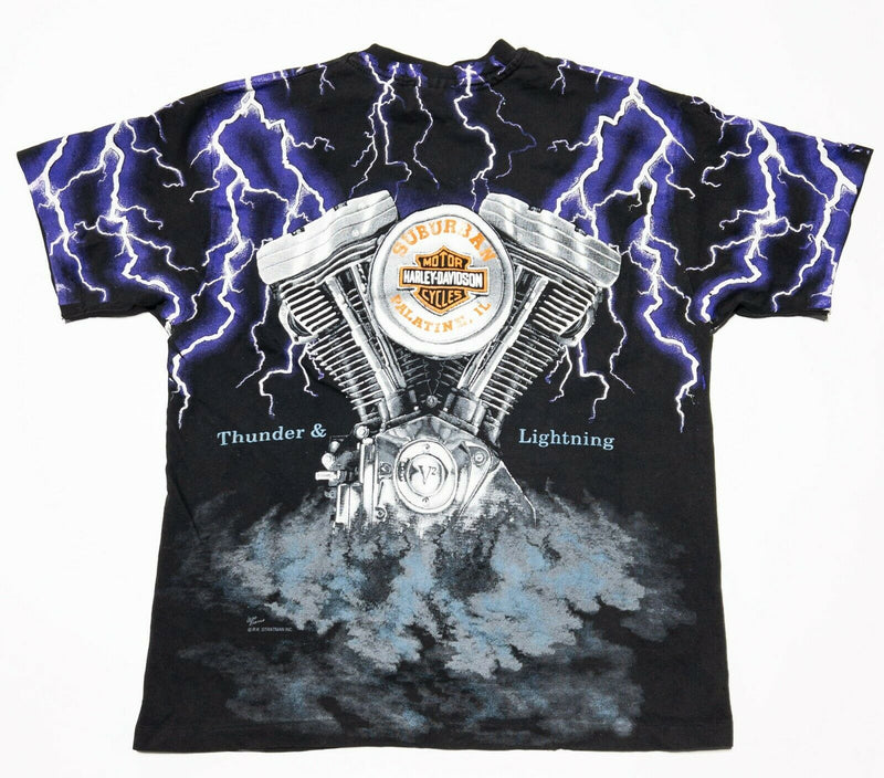 DRY ROT Harley-Davidson Thunder Lightning All Over Print Vintage 90s T-Shirt