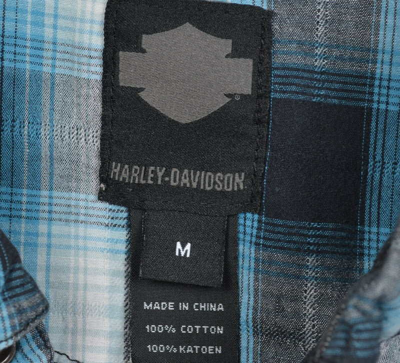 Harley-Davidson Men's Medium Pearl Snap Blue Plaid Garage Mechanic Biker Shirt