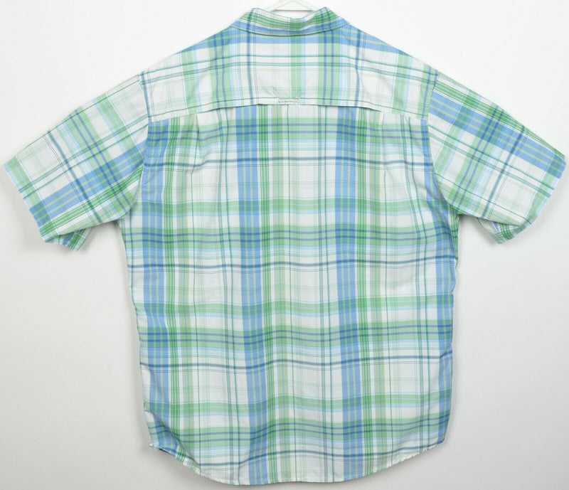 ExOfficio Men's Large Snap-Front Green Blue Plaid Fishing Travel Vented Shirt