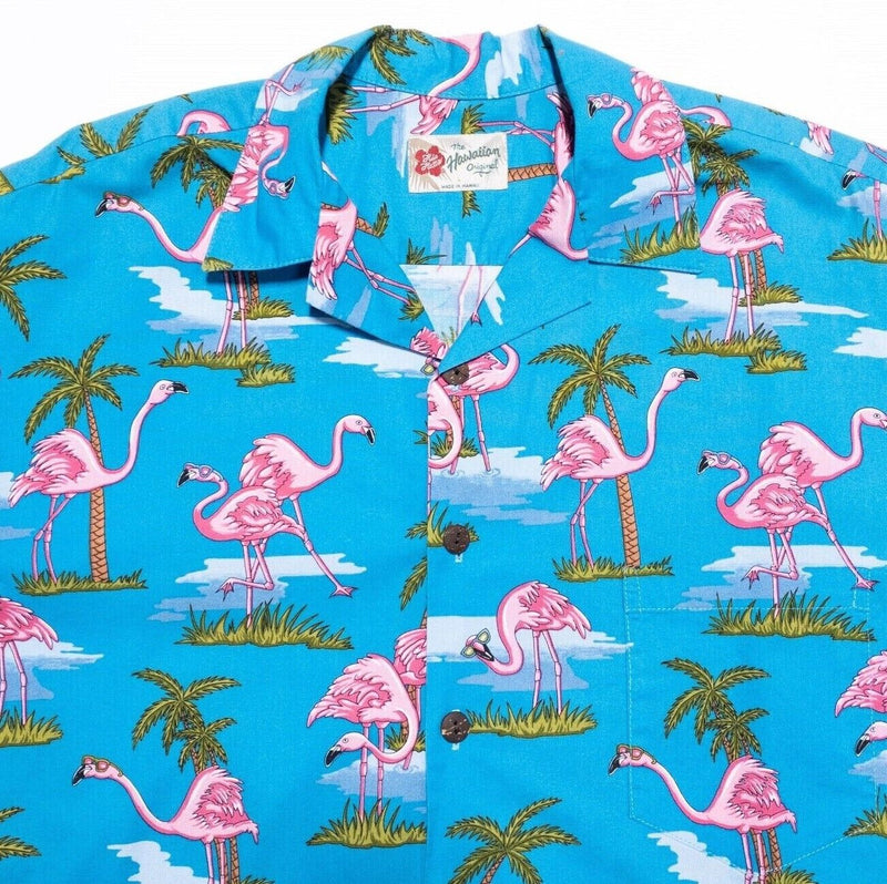 Hilo Hattie Hawaiian Shirt Large Men's Flamingo Floral Blue Pink Aloha Camp