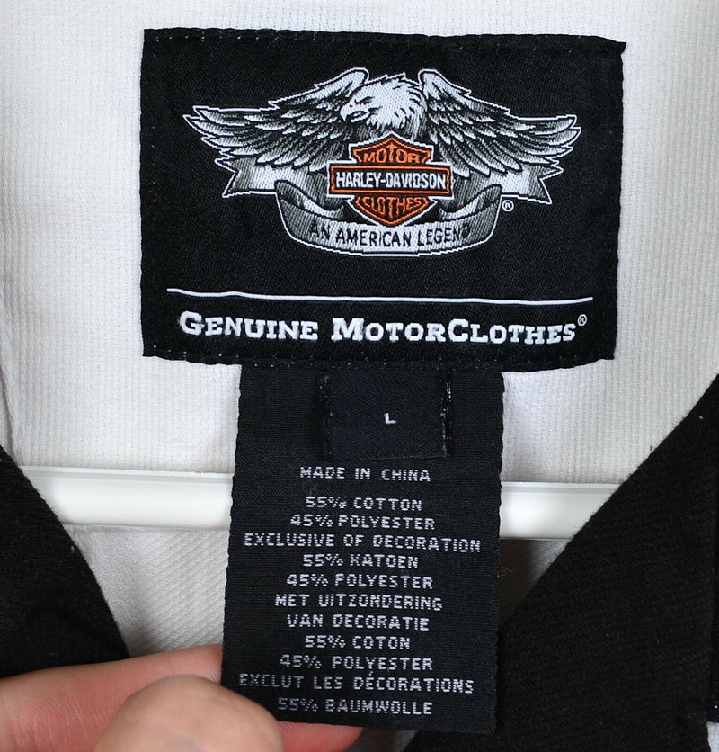 Harley-Davidson Men Large White Orange Stripe Racing Patch Mechanic Biker Shirt