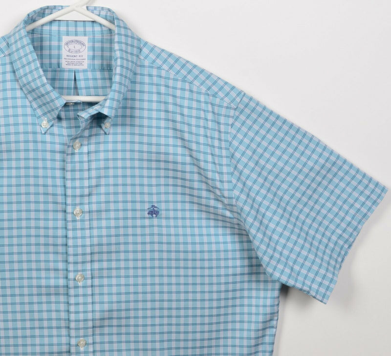 Brooks Brothers Men's Large Regent Fit Non-Iron Stretch Blue Plaid Logo Shirt