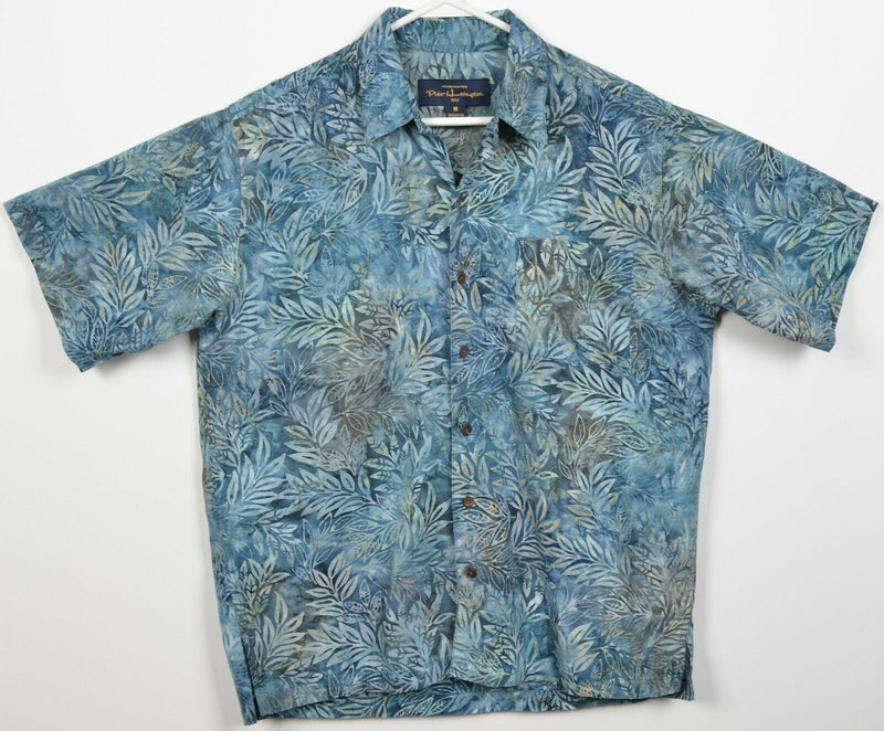 Pete Huntington Men's Medium Floral Leaf Blue Green Button-Front Hawaiian Shirt