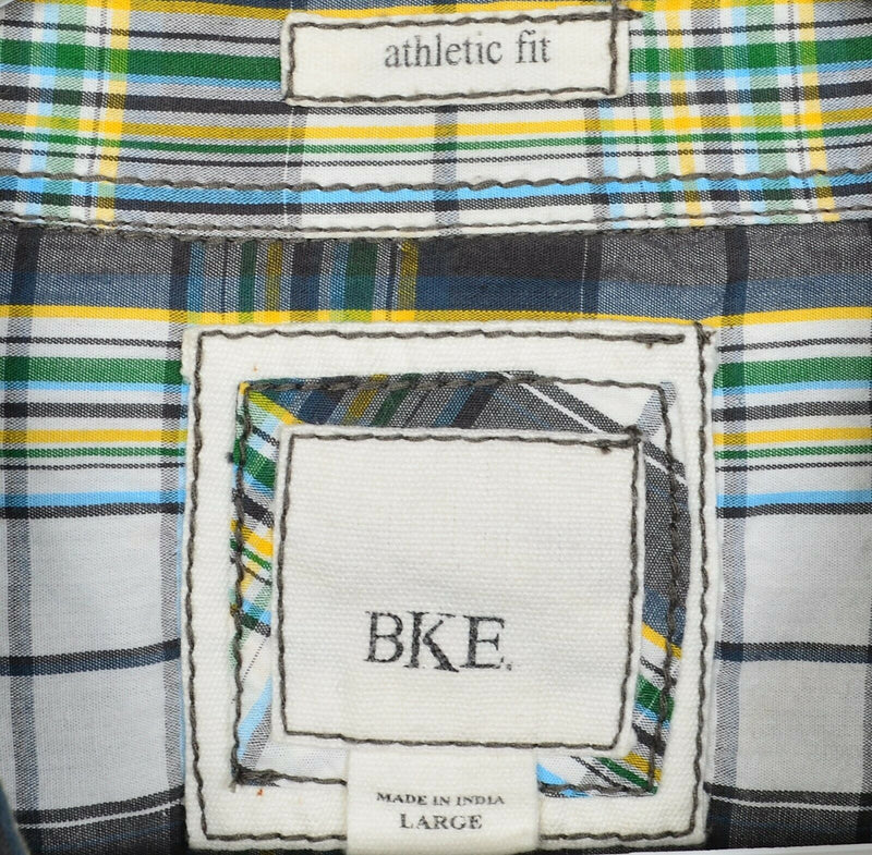 BKE Buckle Men's Large Athletic Fit Pearl Snap Gray Blue Plaid Rockabilly Shirt
