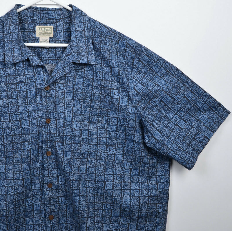 L.L. Bean Men's XLT (XL Tall) Tropics Print Navy Mayan Geometric Hawaiian Shirt