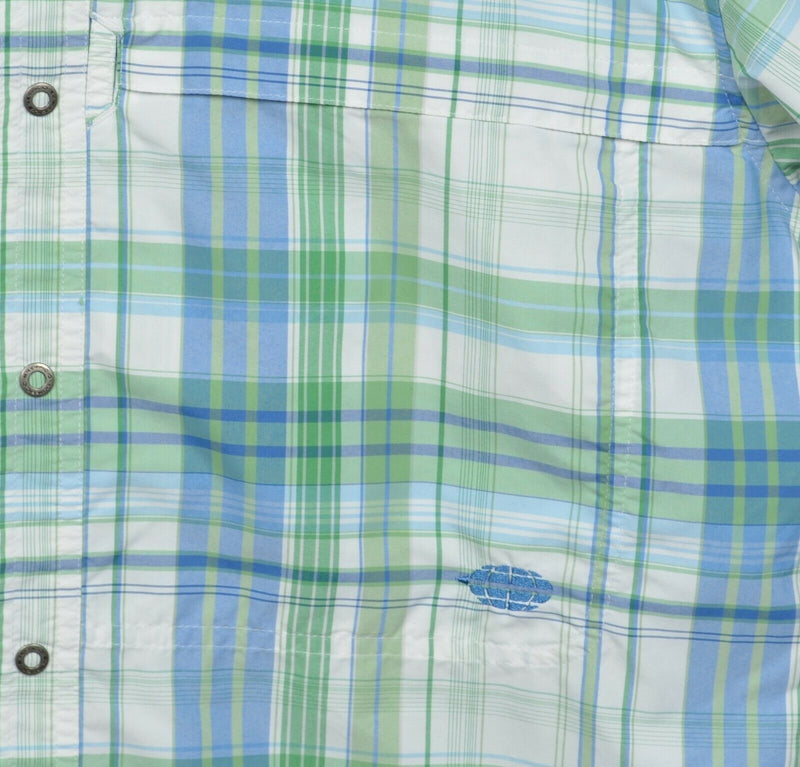 ExOfficio Men's Large Snap-Front Green Blue Plaid Fishing Travel Vented Shirt