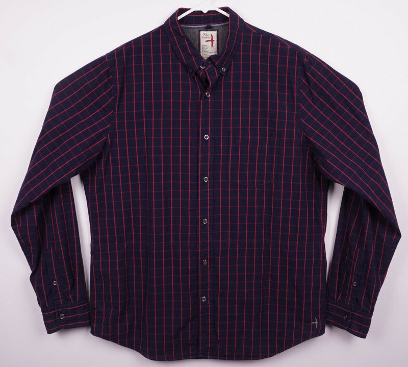 Relwen Men's XL Lined Navy Blue Red Windowpane Plaid Button-Down Flannel Shirt