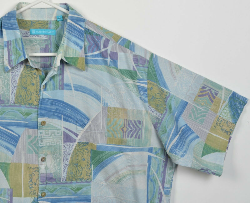 Tori Richard Men Large Blue Purple Geometric Abstract Cotton Lawn Hawaiian Shirt