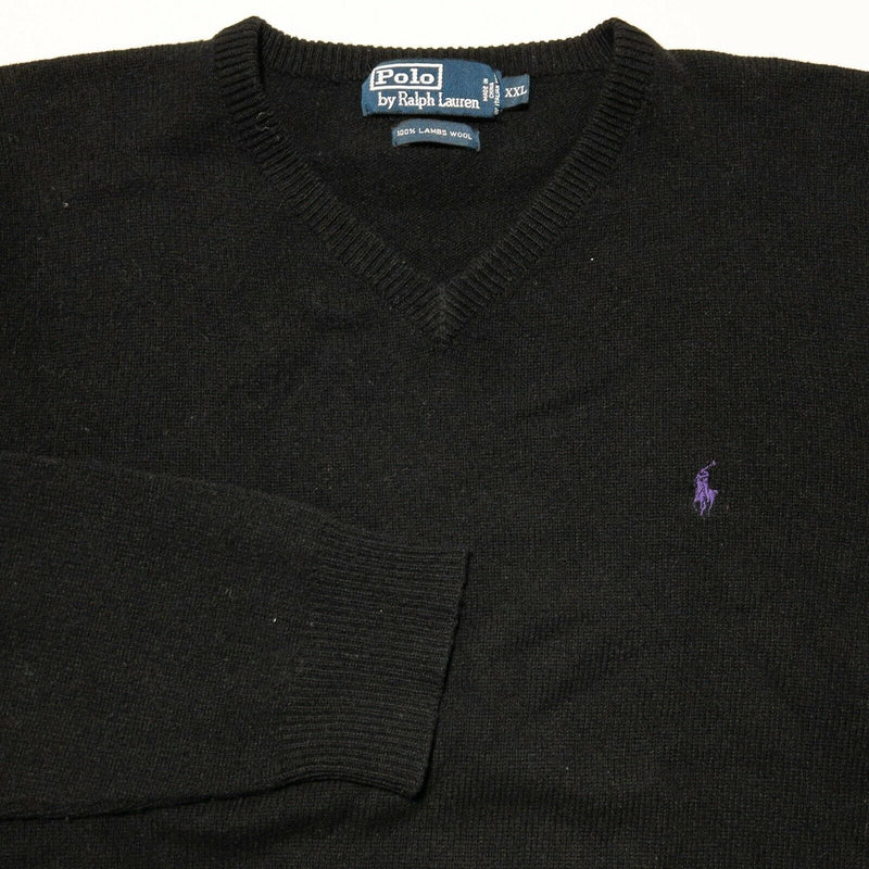 Polo Ralph Lauren 100% Lambs Wool Solid Black V-Neck Knit Sweater Men's 2XL