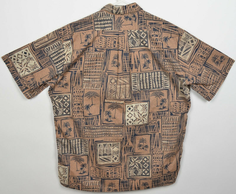 Reyn Spooner Men's Large Brown Geometric Floral Palm Tree Hawaiian Aloha Shirt