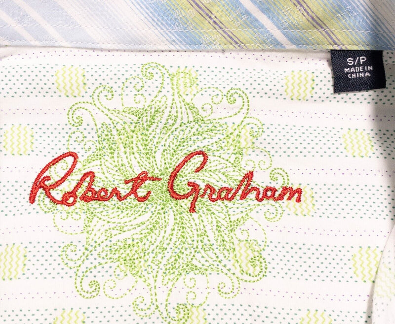 Robert Graham Short Sleeve Shirt Small Men's Flip Cuff Green Polka Dot Striped