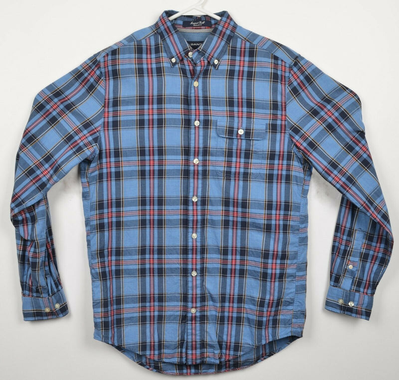 GANT Men's Medium Regular Fit Newport Twill Blue Red Plaid Button-Down Shirt